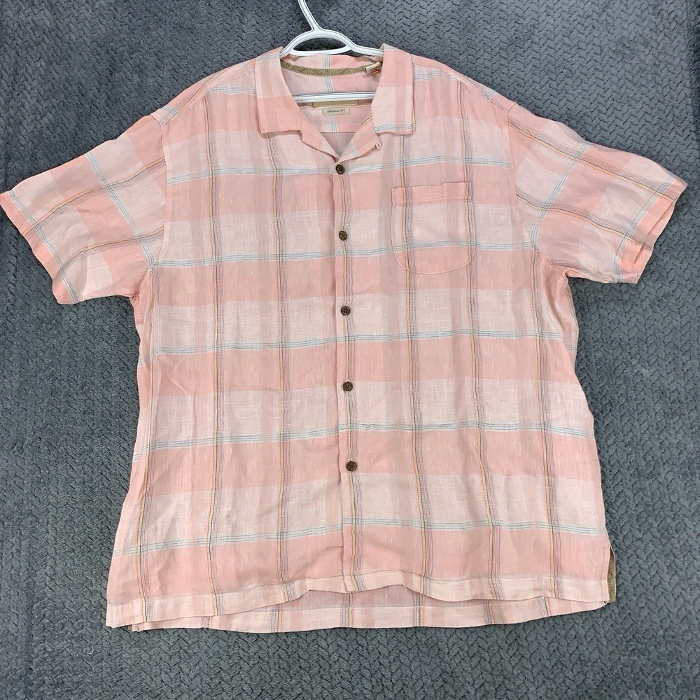 Tommy Bahama Shirt Mens 2XL Pink Check 100% Linen Camp Beach Tropical Hawaiian
